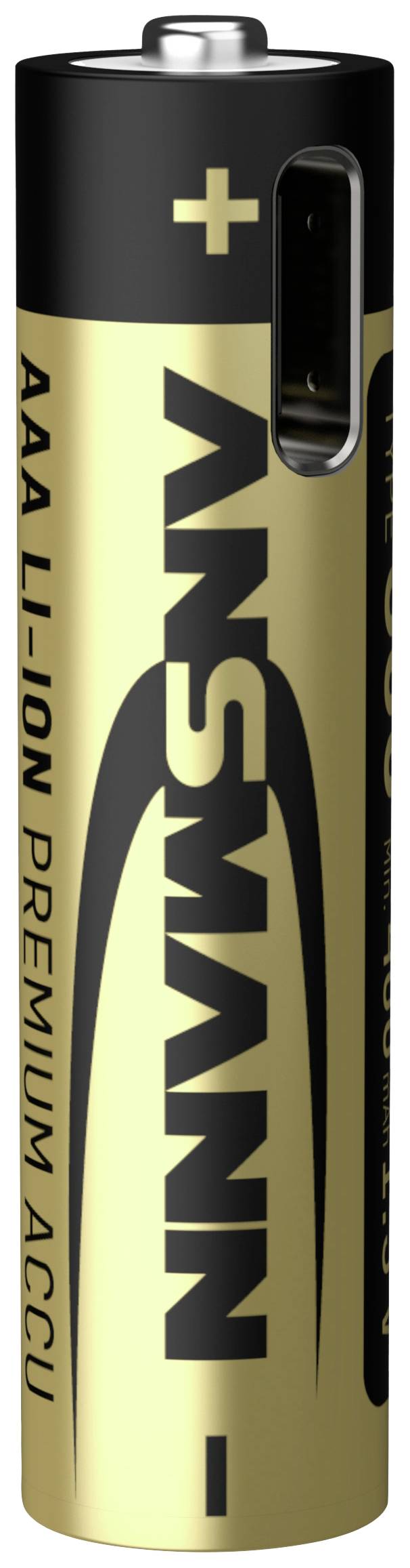 Eine wiederaufladbare AAA-Batterie mit der Aufschrift 'ANSMANN AAA LI-ION PREMIUM ACCU', goldfarben mit schwarzem Plus- und Minus-Symbol.