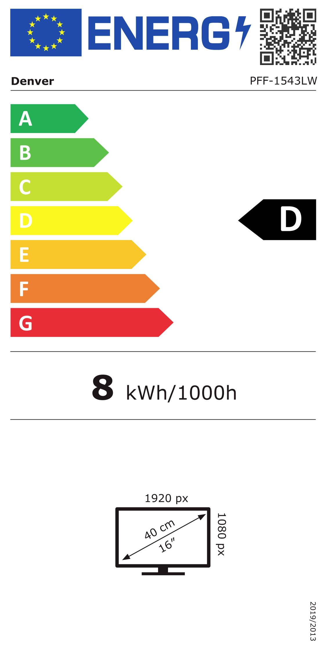 Energieeffizienzlabel für Denver PFF-1543LW, Energieklasse D, 8 kWh/1000h. Bildschirmgröße: 40 cm, 1920x1080 px.