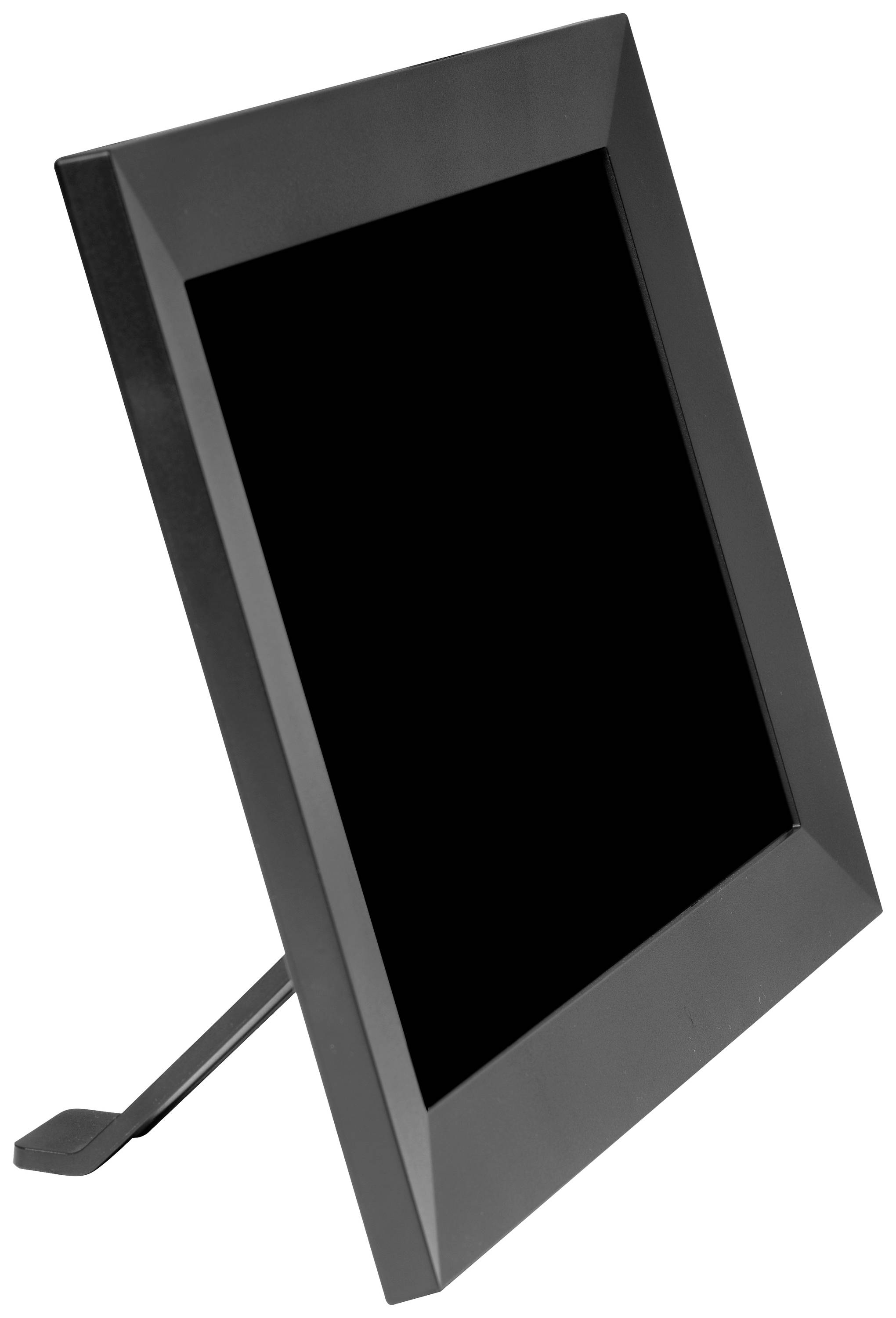 Ein leerer, schwarzer Bilderrahmen im Hochformat, auf einem Ständer stehend.