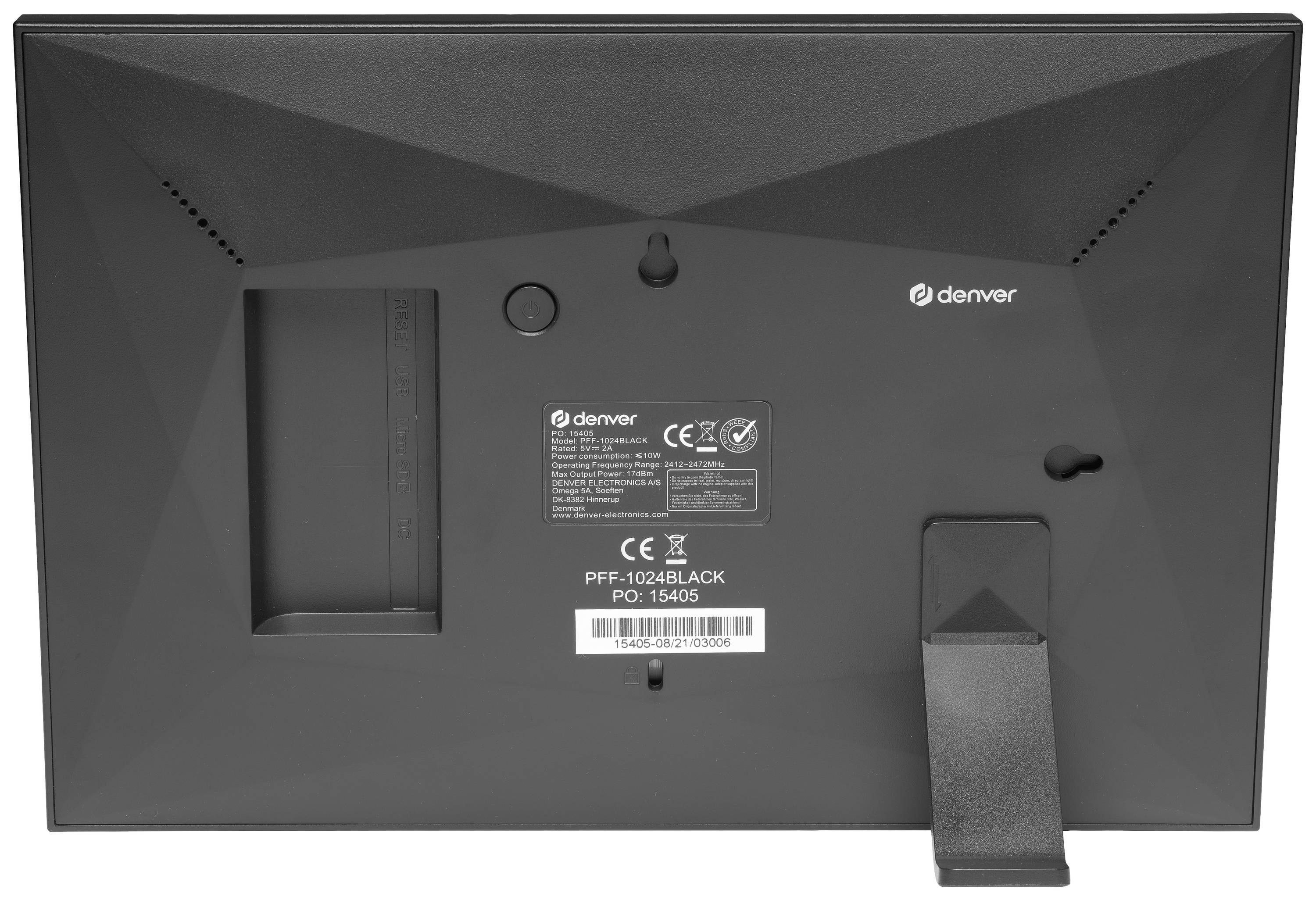 Die Rückseite eines digitalen Fotorahmens mit mehreren Anschlüssen und Markierungen, darunter eine Seriennummer und ein CE-Kennzeichen.