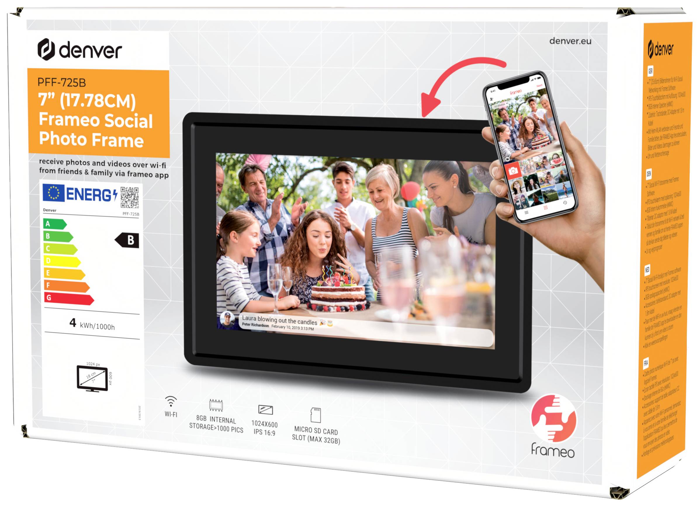 Digitale Bilderrahmen-Verpackung, zeigt Foto von Gruppe beim Feiern. Rahmenname und Bildübertragungsfunktion per App hervorgehoben.