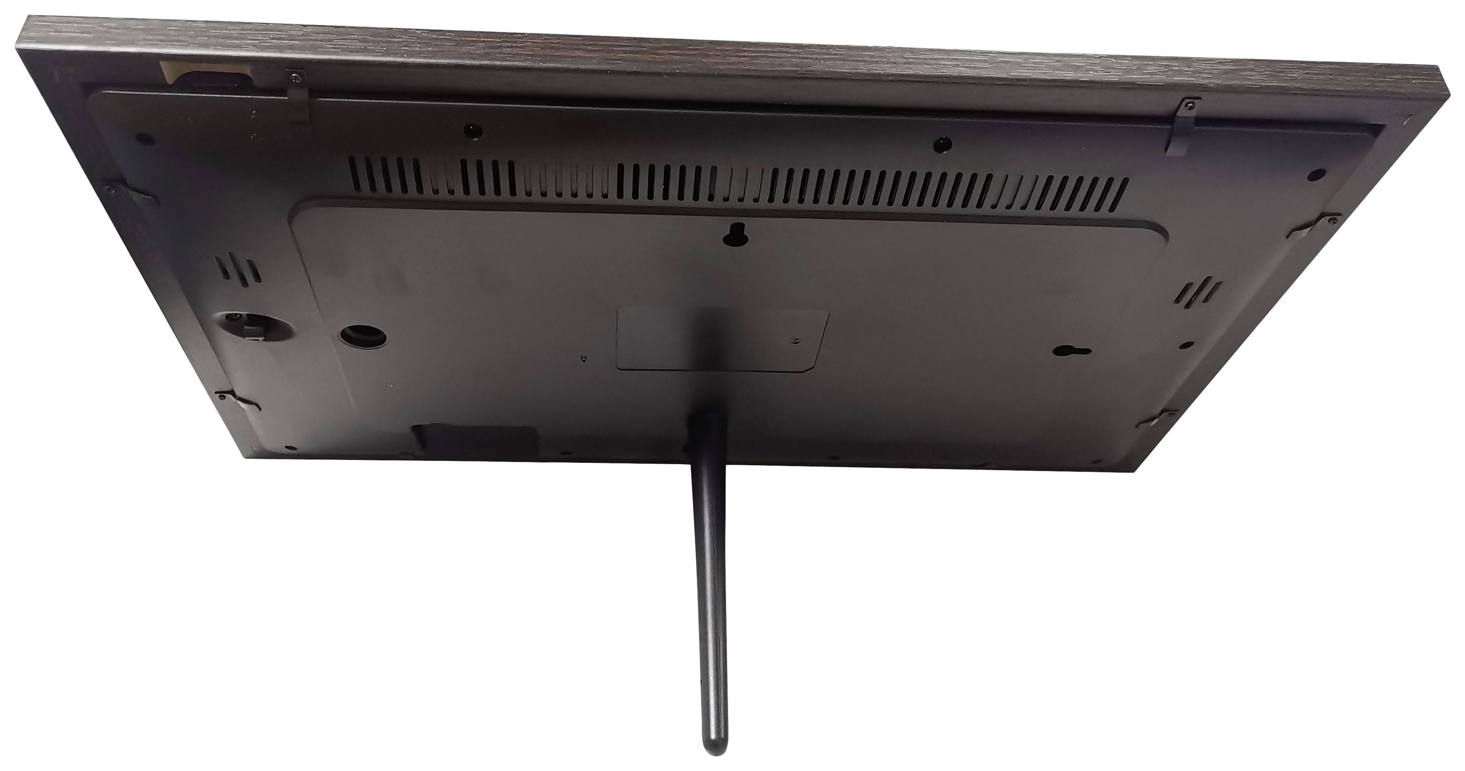 Rückansicht eines digitalen Bilderrahmens mit einem Ständer in der Mitte zur Stabilisierung.