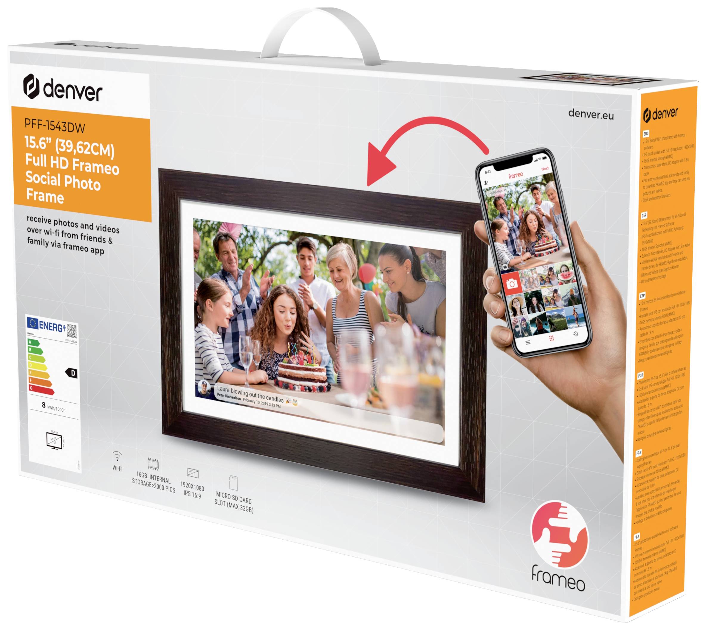 Verpackung eines digitalen Bilderrahmens, der Fotos von Smartphones zeigt. Markenname, Größe '15,6