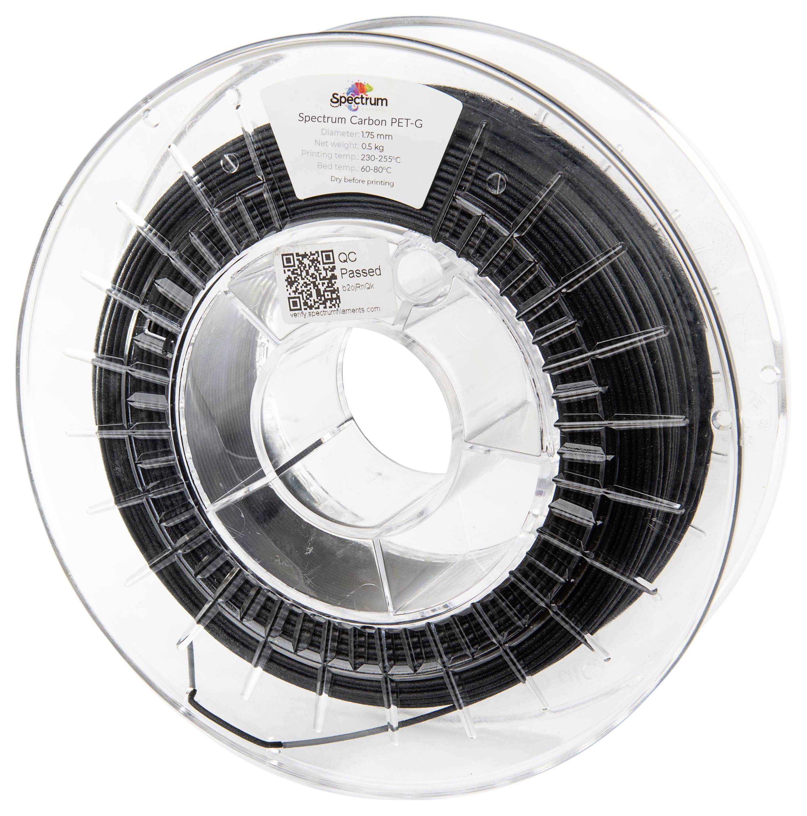 3D-Drucker-Filamentrolle aus robustem Carbon PET-G-Material, 1,75 mm Dicke, auf transparenter Spule. Ideal für robusten Druck.
