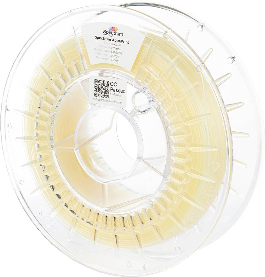 Transparent-Spule mit gelbem 3D-Druckmaterial, Etikett mit Logo 'Spectrum', Produktname 'Spectrum Aquaprint' und technischen Details.