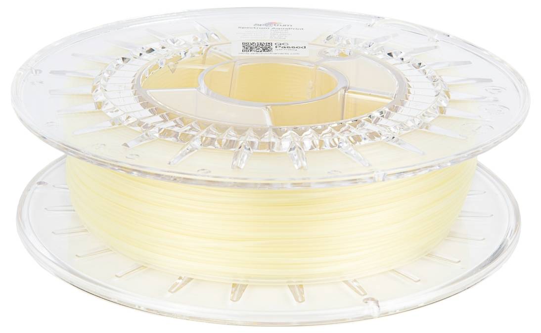 Durchsichtige Spule mit hellgelbem 3D-Drucker-Filament, seitliche Ansicht.