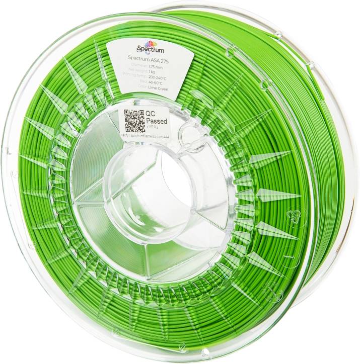 Grüne Filamentspule, gekennzeichnet mit 'Spectrum ASA 275', 1,75 mm, 250 g, für 3D-Drucker, transparentes Gehäuse.