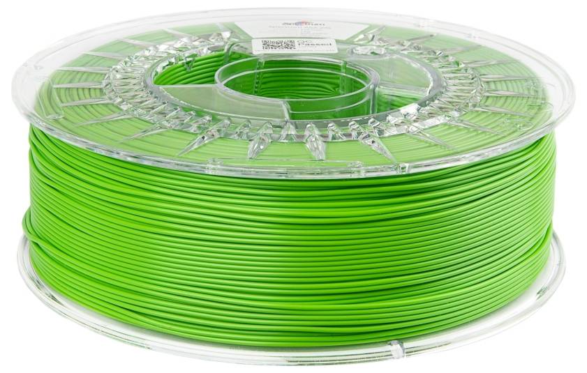 Eine Spule mit grünem Filament, verwendet für 3D-Druck, zeigt ein eng gewickeltes Material auf einem transparenten Plastikrahmen.