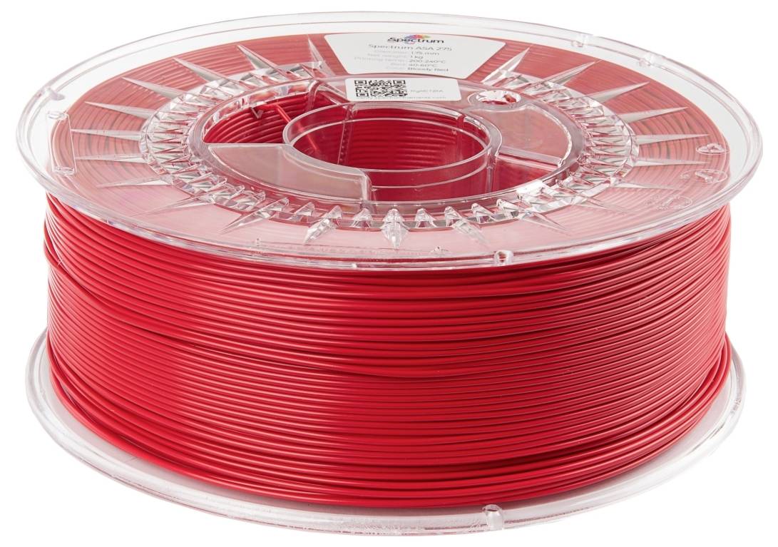 Eine transparente Spule mit rotem 3D-Drucker-Filament. Die Spule ist vollständig gefüllt und hat ein Etikett oben.