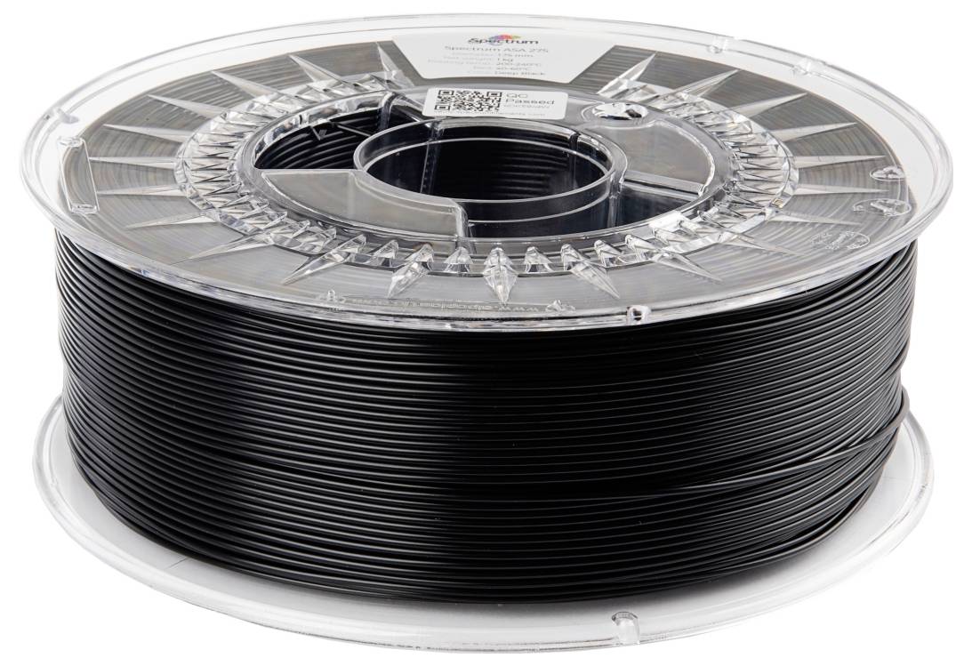 Eine Rolle schwarz glänzendes Filament für 3D-Drucker, auf einer transparenten Spule aufgewickelt.