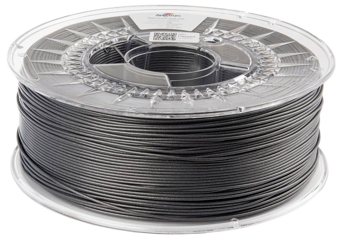 Eine Spule mit schwarzem 3D-Drucker-Filament, auf transparentem Kunststoffträger aufgewickelt.