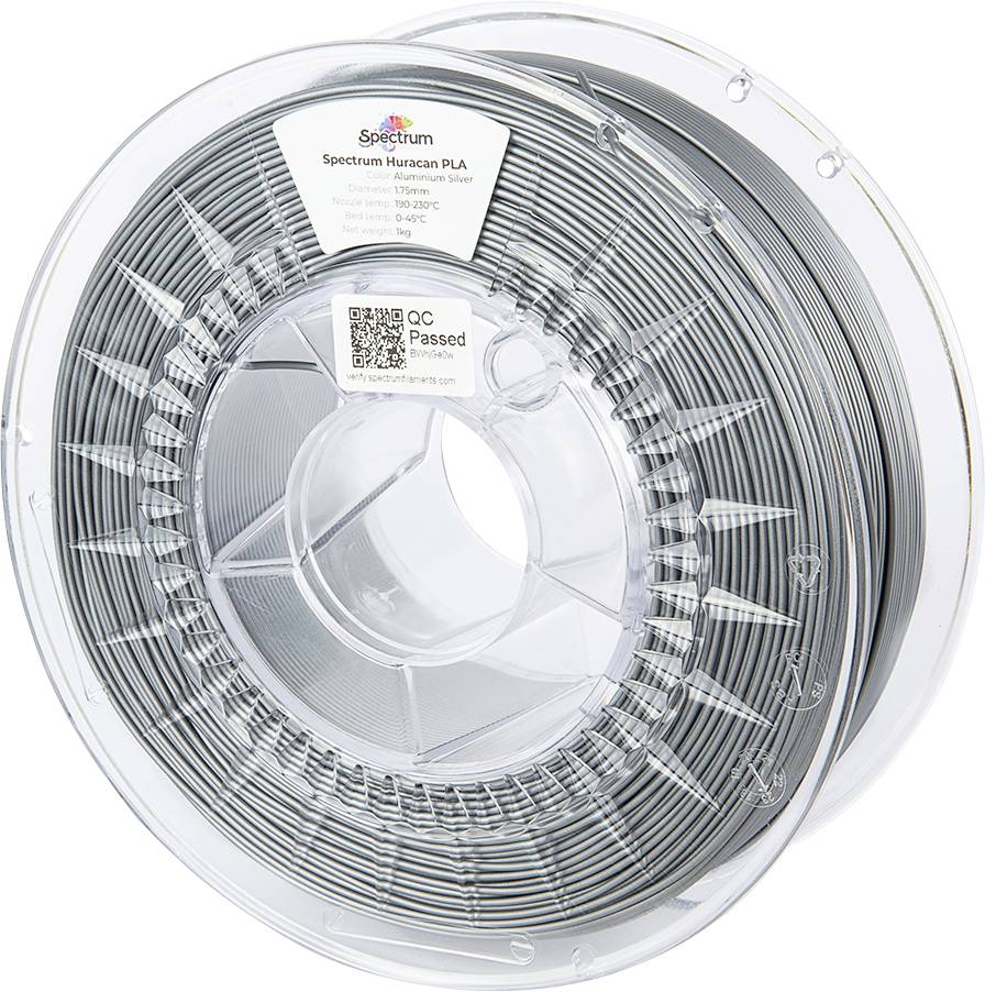 Durchsichtige Plastikspule mit grauem 3D-Drucker-Filament, Etikett zeigt 'Spectrum PLA', QR-Code und Temperaturempfehlungen.