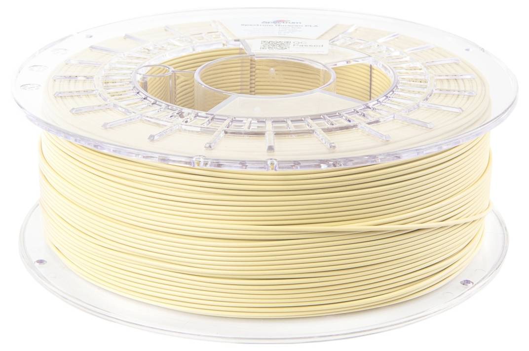 Eine Spule mit beigem Filament für den 3D-Druck. Das Filament ist gleichmäßig aufgewickelt und bereit zur Verwendung.