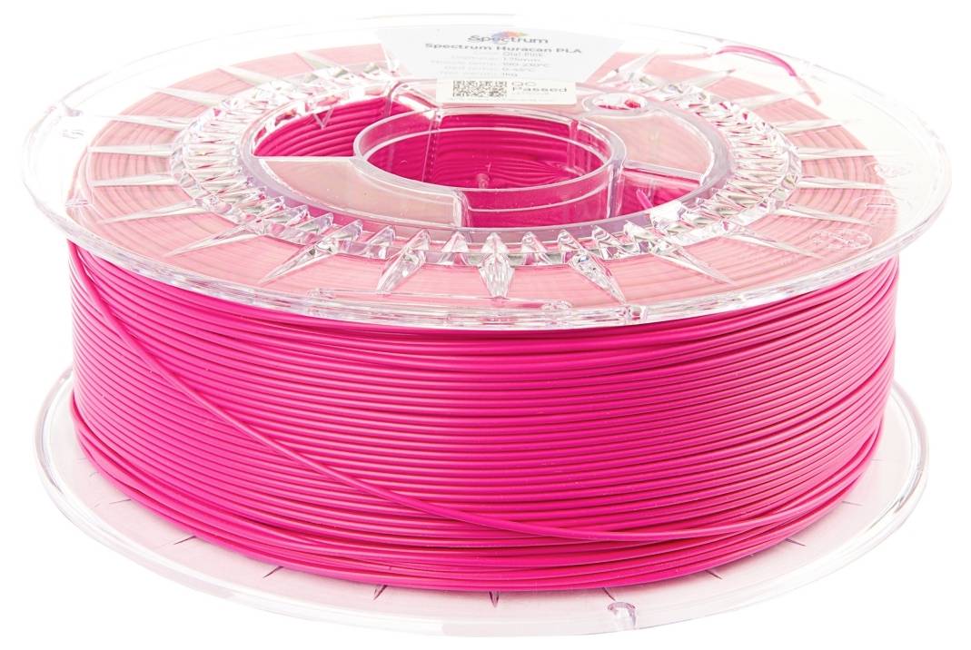 Spule mit pinkem 3D-Drucker-Filament, auf transparenter Kunststoffrolle.