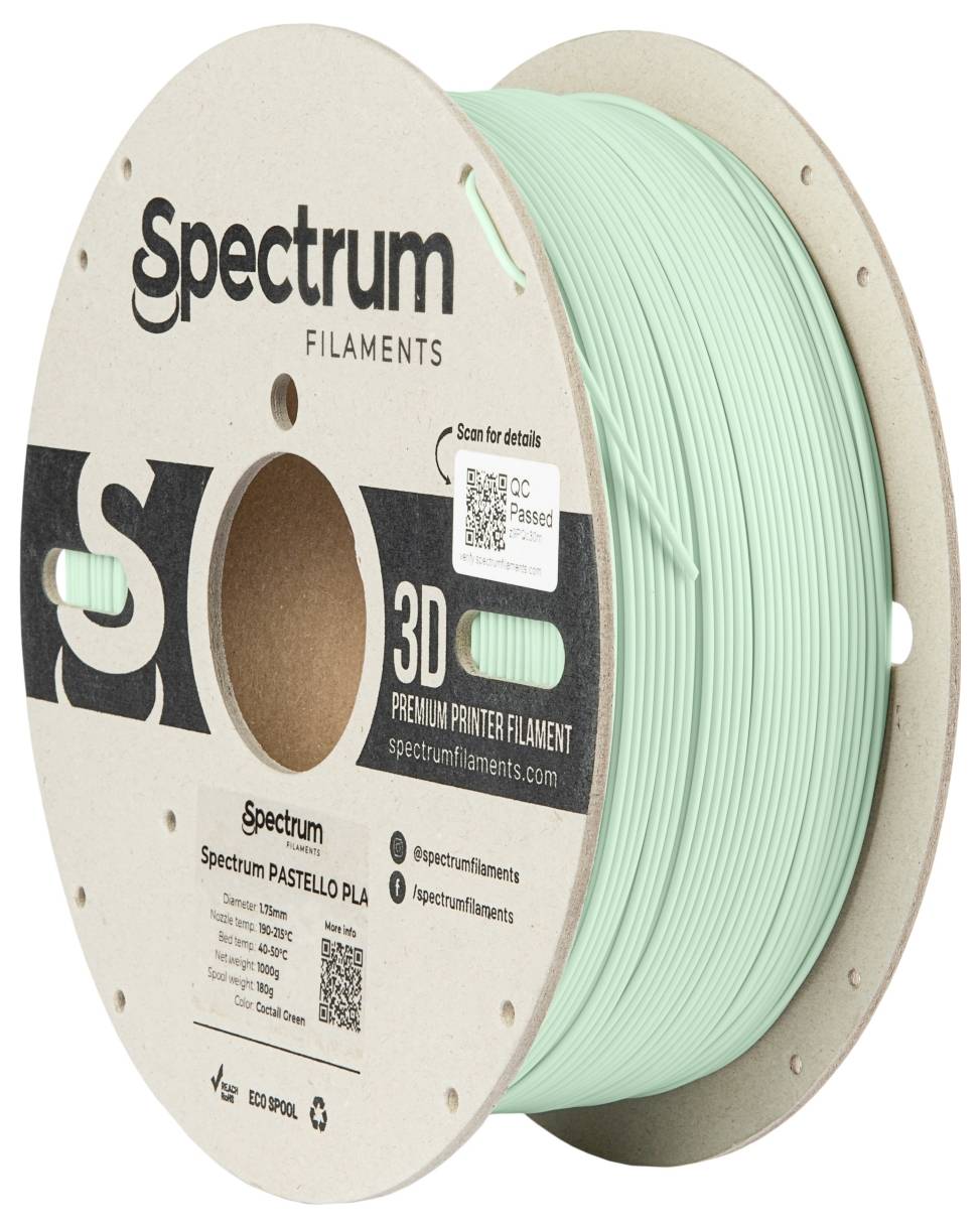 Eine Rolle hellgrünes 3D-Druckerfilament der Marke Spectrum, beschriftet mit 'Pastello PLA' und Details zur Zusammensetzung und Verwendung.