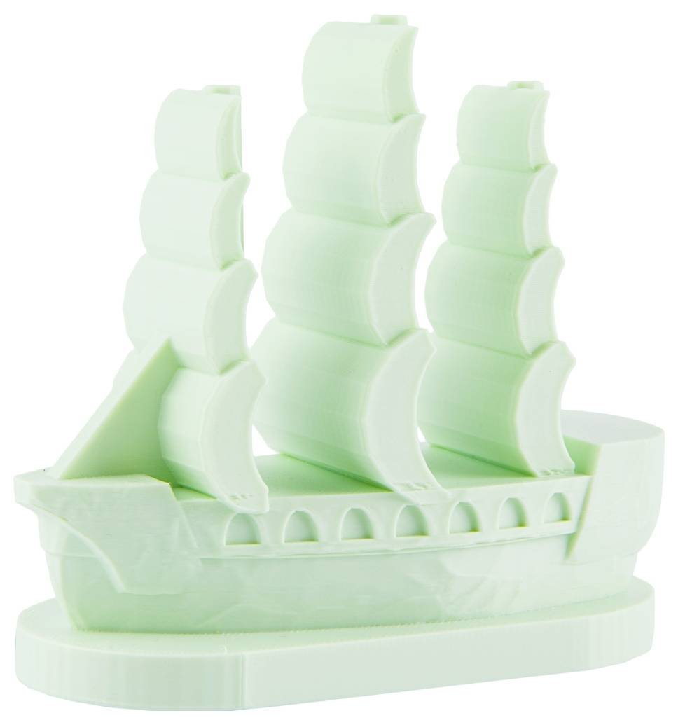 Ein mintgrünes 3D-Modell eines historischen Segelschiffs mit drei Masten und geblähten Segeln.