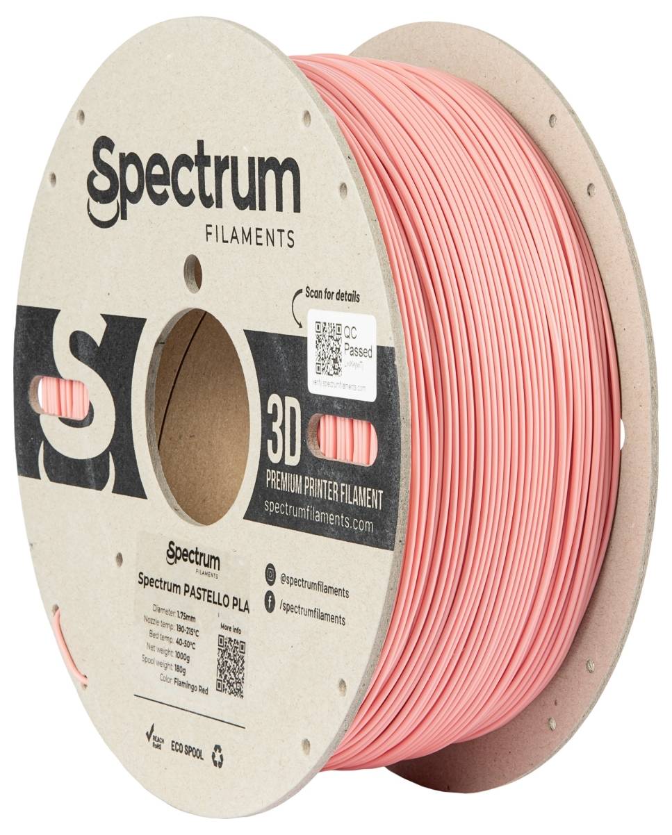 Rolle mit rosa 3D-Drucker-Filament von Spectrum, Marke auf der Verpackung.