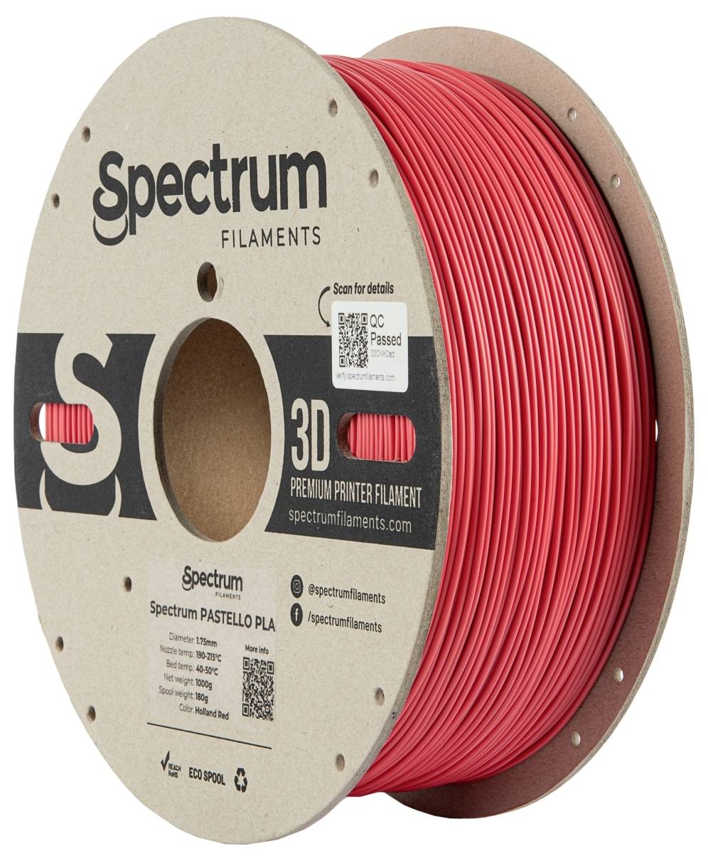 Rolle mit rotem 3D-Druckerfilament der Marke Spectrum; Aufschrift 'Pastello PLA' und QR-Code auf Spule sichtbar. Ideal für 3D-Druck.