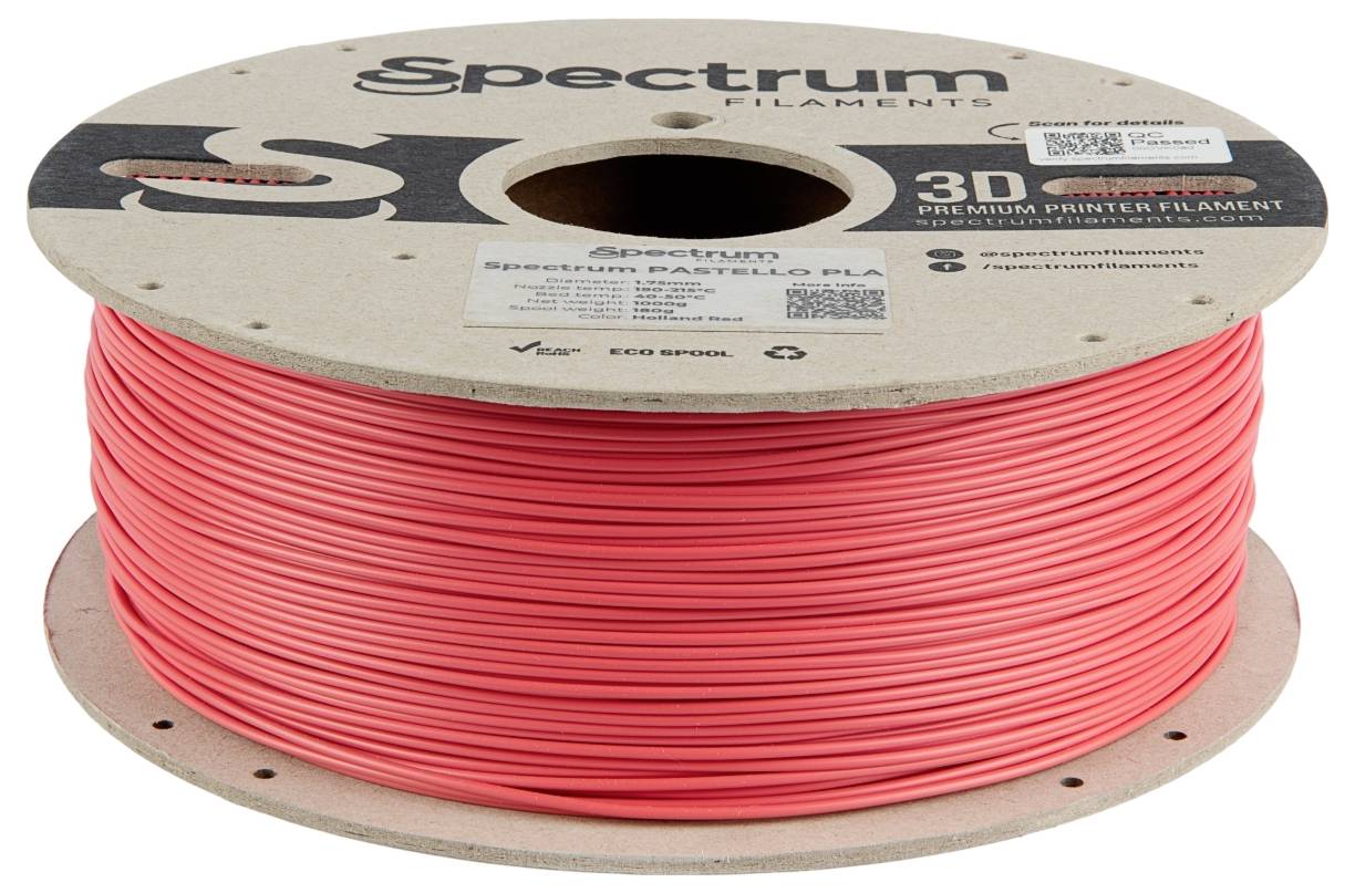 Rolle mit 3D-Drucker-Filament in leuchtendem Pink, Marke 'Spectrum Filaments', auf Pappspule. Text auf Spule: 'Spectrum' und 'Premium Printer Filament'.