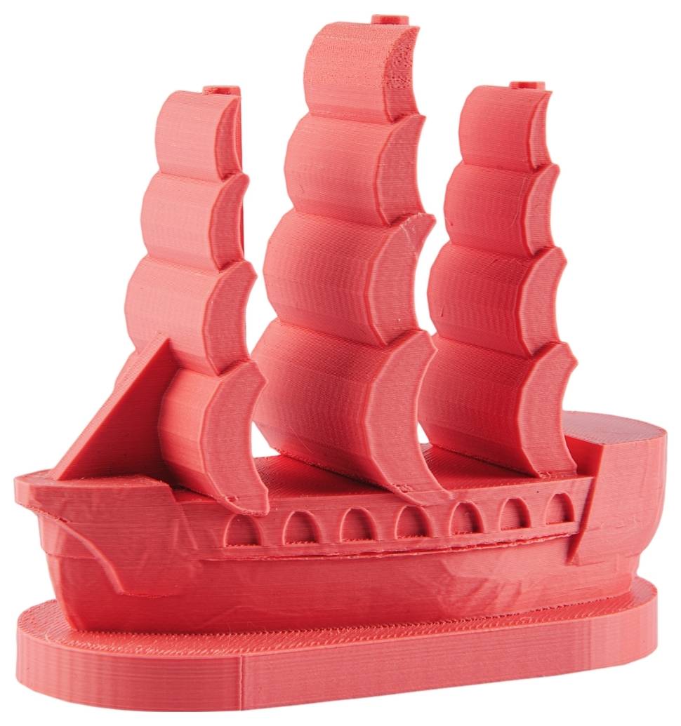 Rotes Modell eines antiken Segelschiffs mit drei großen, gestuften Segeln.