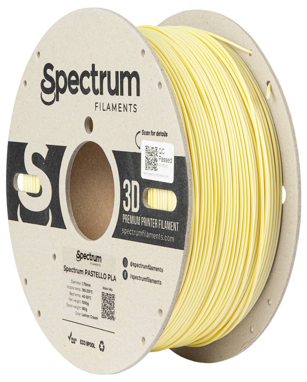 Eine Spule mit gelbem 3D-Drucker-Filament der Marke Spectrum Filaments, Modell 'Spectrum PASTELLO PLA', Premium-Qualität.