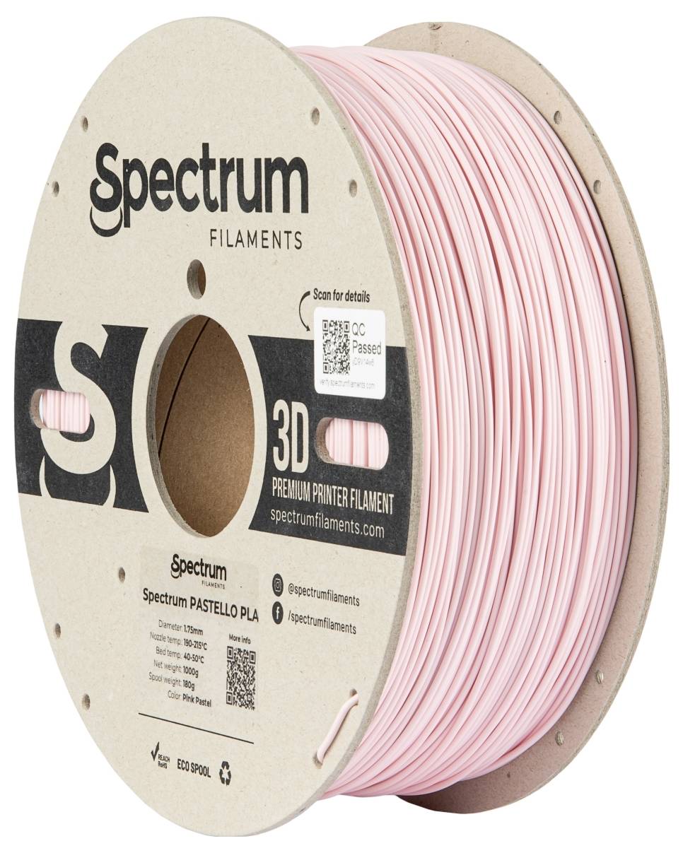 Eine Rolle rosa 3D-Druckerfilament von Spectrum Filaments mit Aufschrift 'Spectrum Pastello PLA'.