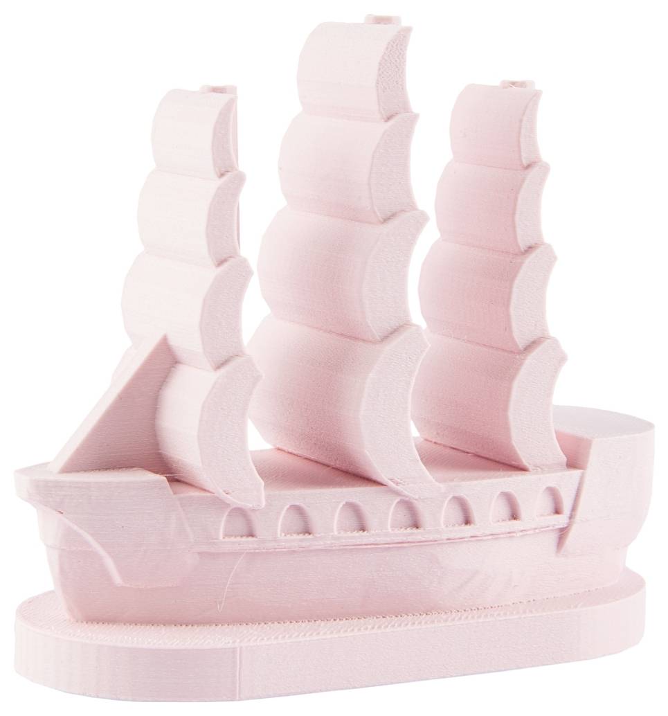 Rosa Modell eines Segelschiffs mit drei großen Segeln.