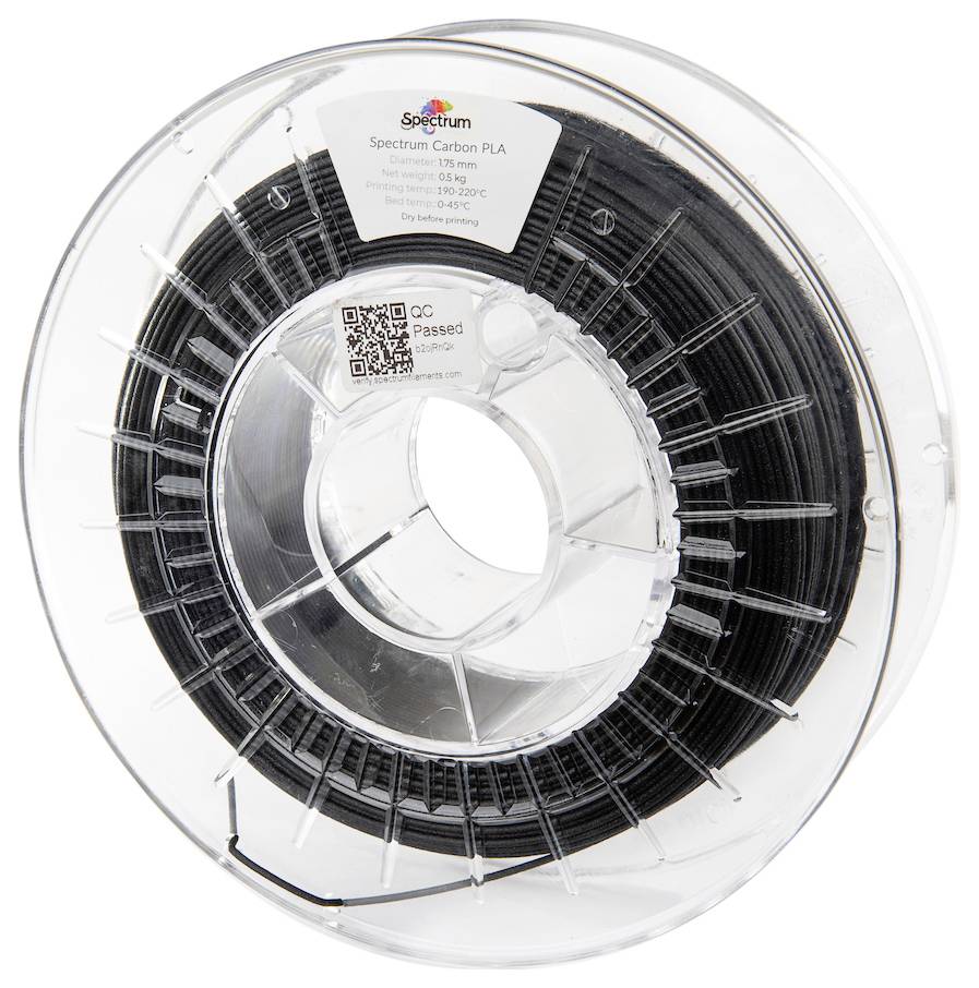 3D-Druckmaterial: Schwarzer PLA-Kunststoff auf Spule. Etikett mit Temperaturangaben und QR-Code.