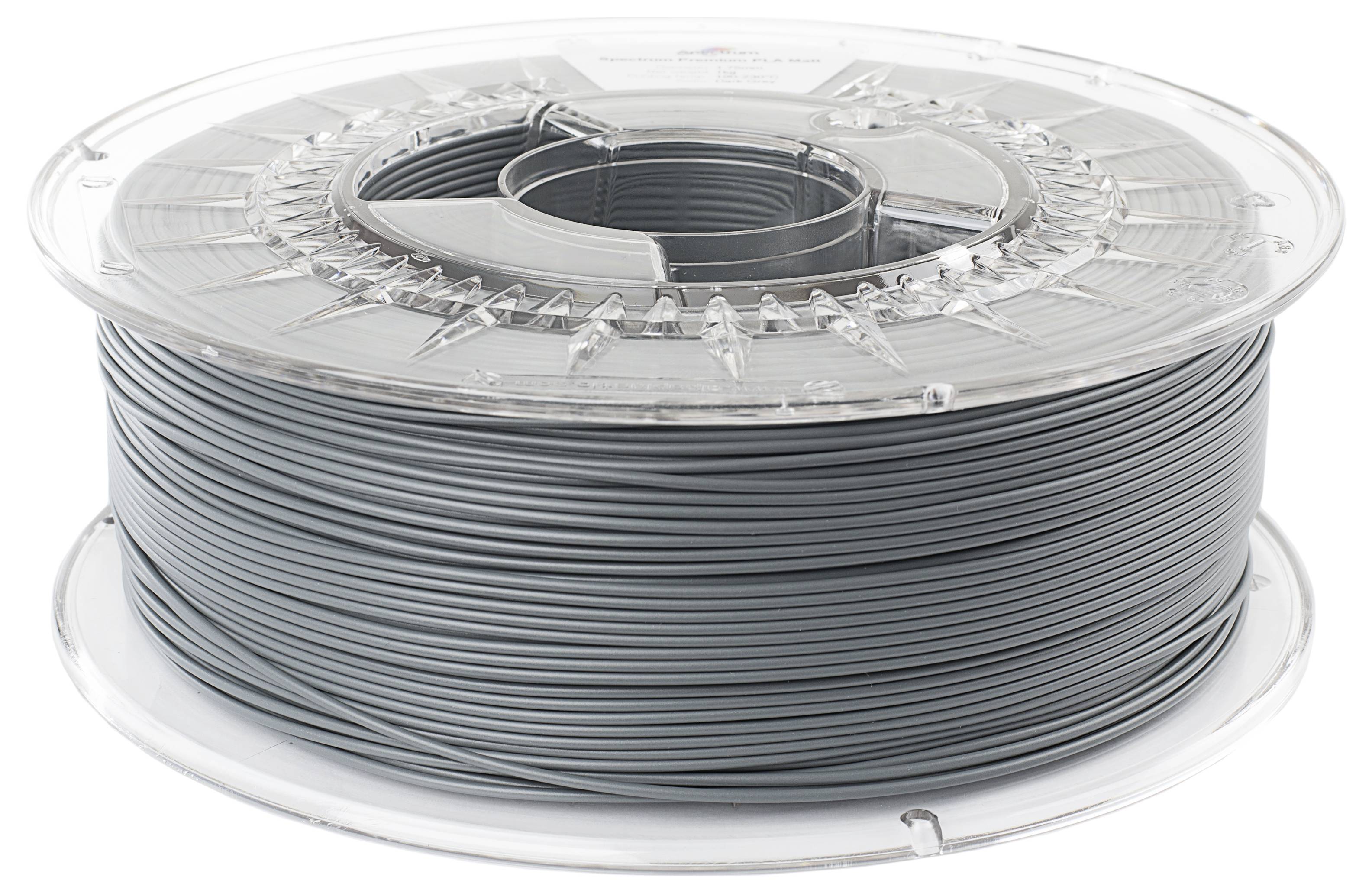 Graue Filamentspule aus Kunststoff für 3D-Druck, auf einer transparenten Kunststoffspule gewickelt.