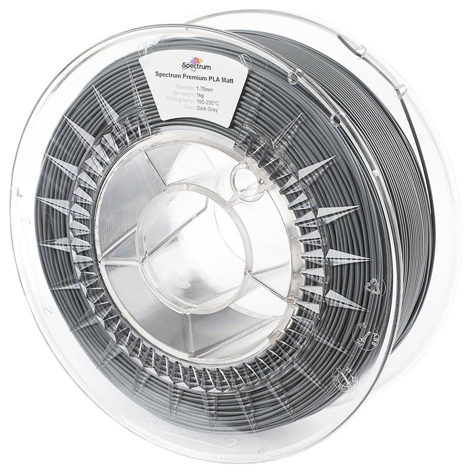 Eine Rolle mit grauem PLA-Filament für 3D-Drucker. Auf der Spule ist ein Etikett zu sehen mit der Bezeichnung 'Spectrum Premium PLA Matt, Dark Grey'.
