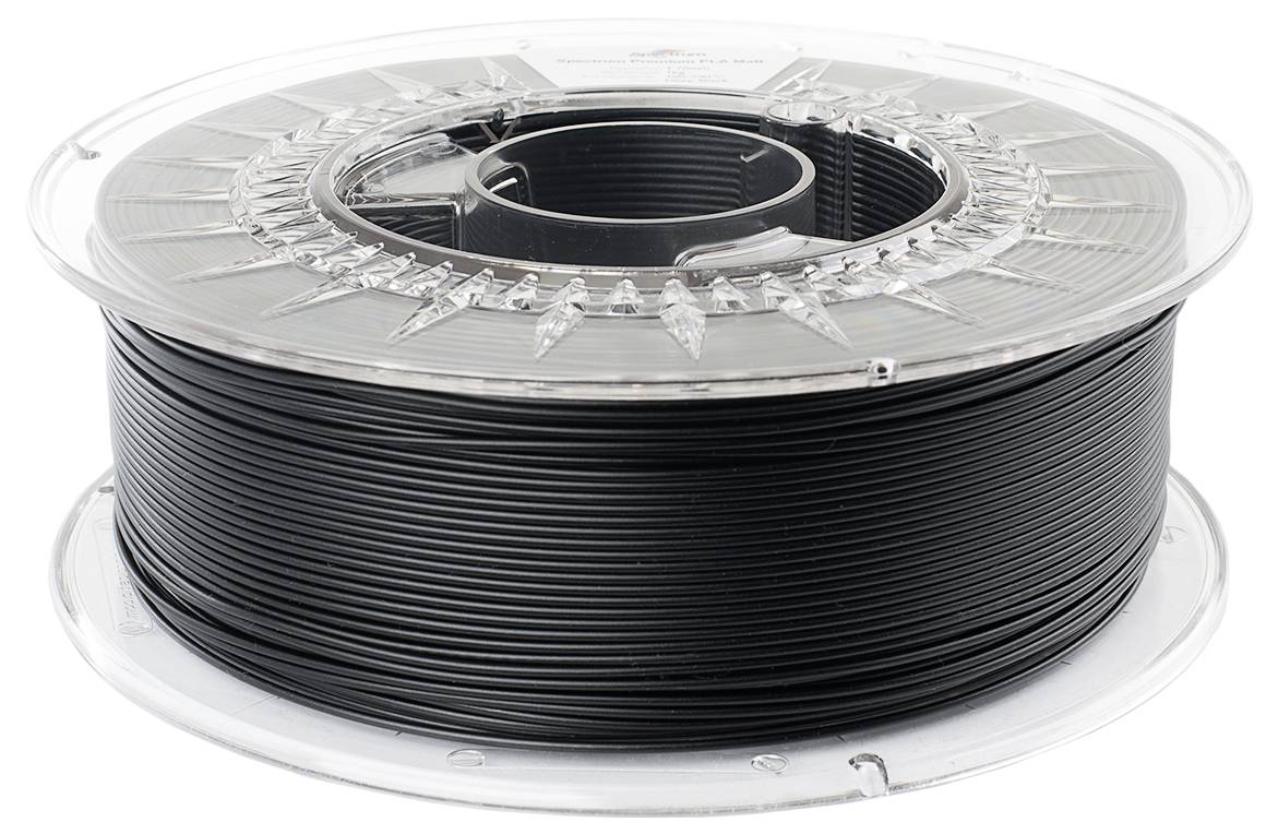 Eine Kunststoffspule mit schwarzem 3D-Druckfilament, auf einer transparenten Halterung aufgewickelt, vor einem weißen Hintergrund.