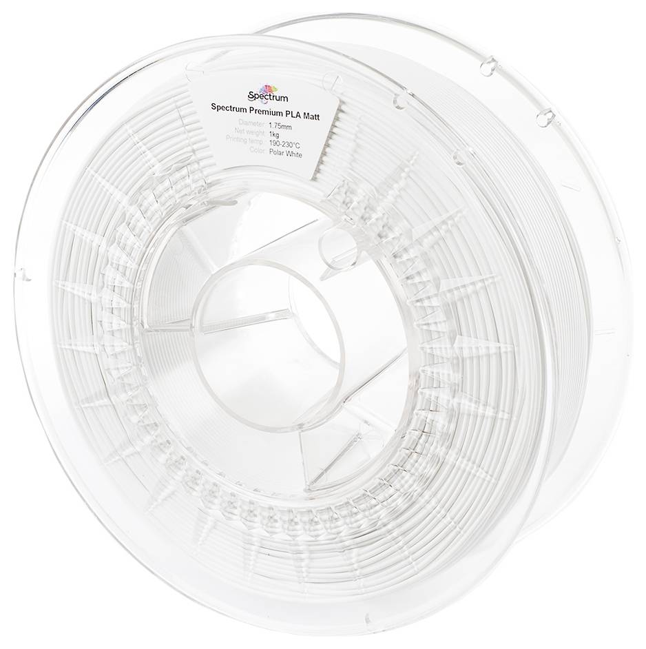 Durchsichtige Spule mit weißem 3D-Druckerfilament der Marke 'Spectrum Premium PLA Matt', 1,75 mm Durchmesser, 1 kg, empfohlene Temperatur 190-220°C.