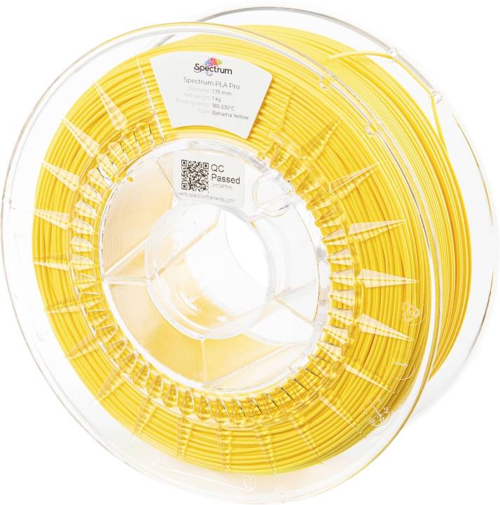 Gelber 3D-Drucker-Filament auf Spule mit Etikett 'Spectrum PLA Pro', Temperaturbereich 185-230°C, Farbe: Sahara Yellow.