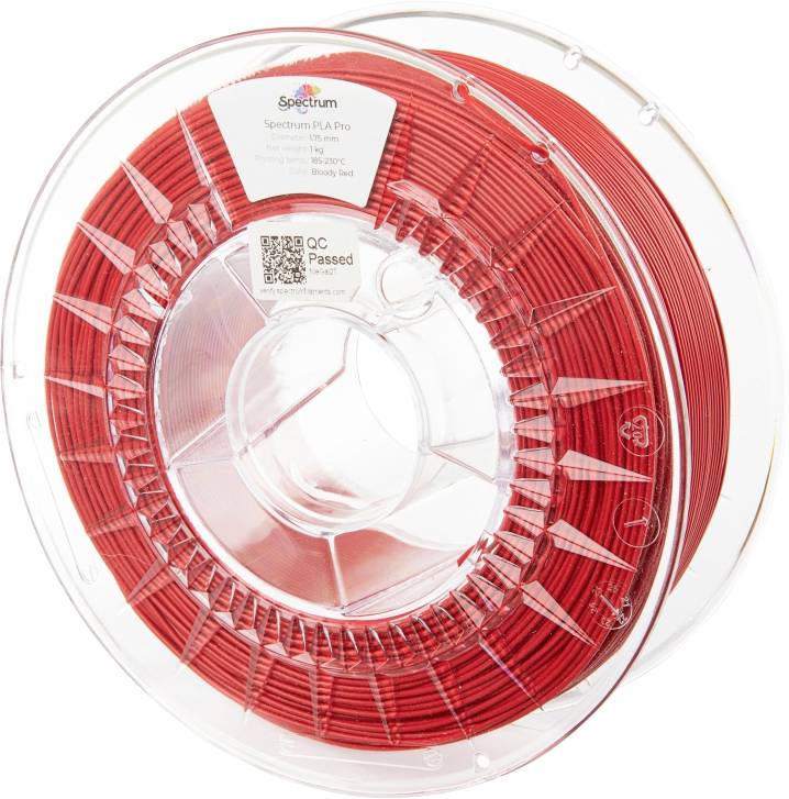 Rote Spule aus PLA-Pro-Filament von Spectrum, Etikett mit Firmenlogo, Barcode und Prüfaufkleber. Verwendet für 3D-Drucker.