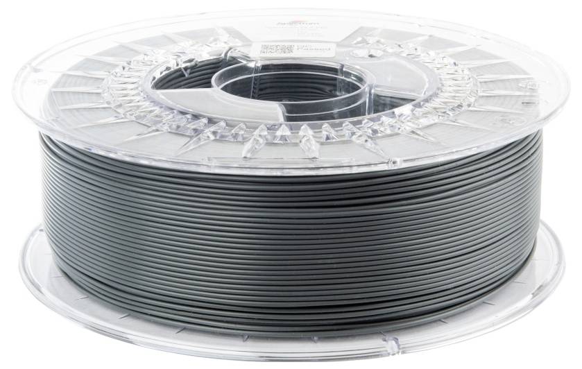 Eine transparente Spule mit grauem Filament, oft verwendet für 3D-Drucker. Das Filament ist gleichmäßig auf der Spule gewickelt.