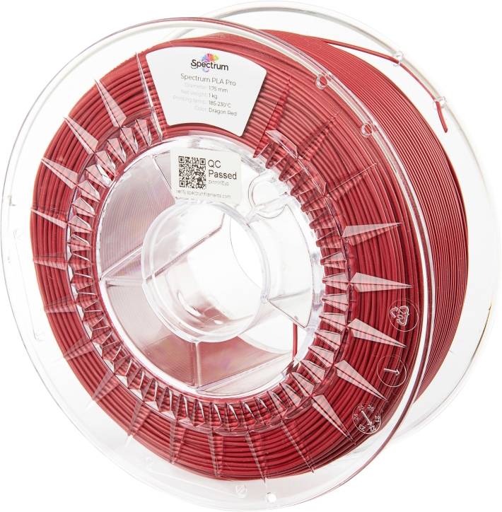 Eine Spule roter PLA-Pro-3D-Drucker-Filament der Marke Spectrum, auf einer transparenten Kunststoffrolle gewickelt.