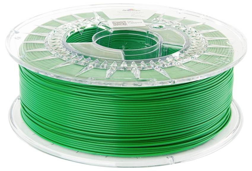 Grüne 3D-Druckerfilamentspule auf weißem Hintergrund.