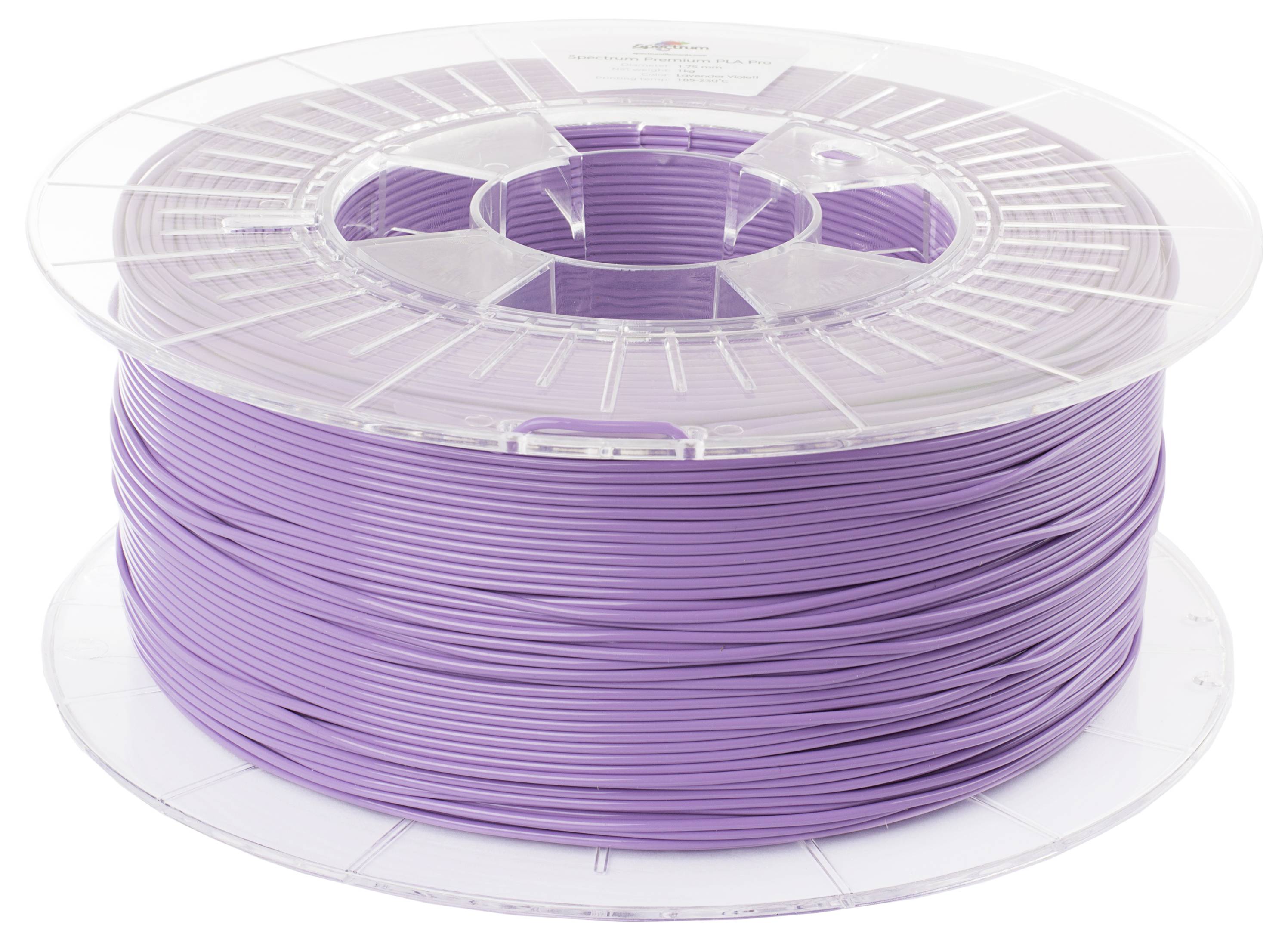 Spule mit lilafarbenem 3D-Drucker-Filament, auf transparentem Kunststoffträger.