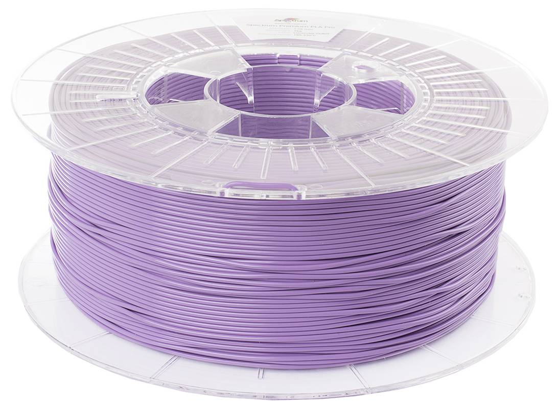 Eine durchsichtige Kunststoffspule mit lila 3D-Drucker-Filament, aufgerollt und gebrauchsfertig für 3D-Druckprojekte.