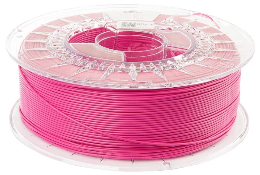 Eine Rolle pinkes 3D-Druck-Filament aus Kunststoff, auf einer transparenten Spule gewickelt, bereit für den Einsatz im 3D-Drucker.