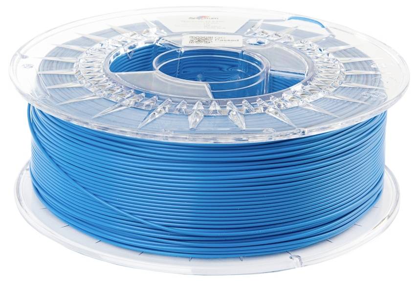 Eine Spule mit blauem 3D-Drucker-Filament, aufgerollt in einer transparenten Kunststoffverpackung.