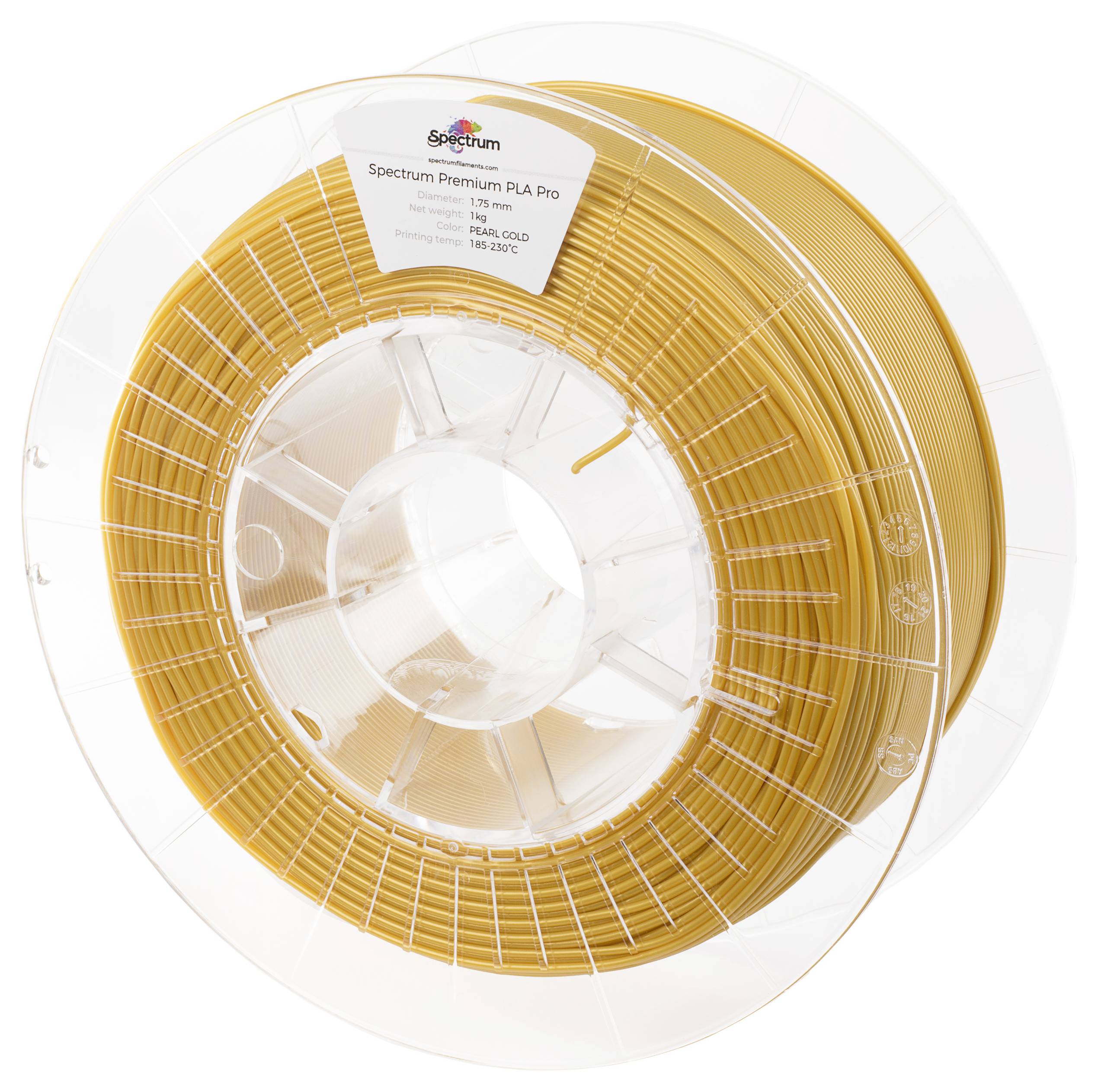Eine Rolle goldfarbenes 3D-Druckerfilament der Marke 'Spectrum Premium PLA Pro' mit Angaben zu Filamentdurchmesser und Temperaturbereich.