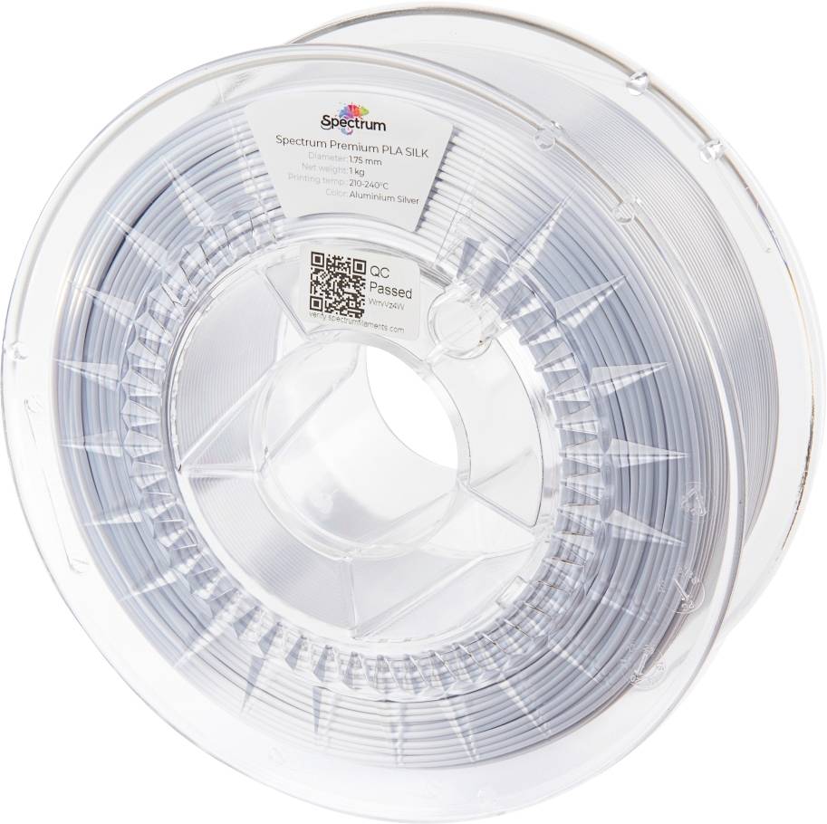 Eine Rolle mit silberfarbenem PLA-Filament für 3D-Drucker, etikettiert mit 'Spectrum Premium PLA SILK', 1 kg, 1,75 mm.