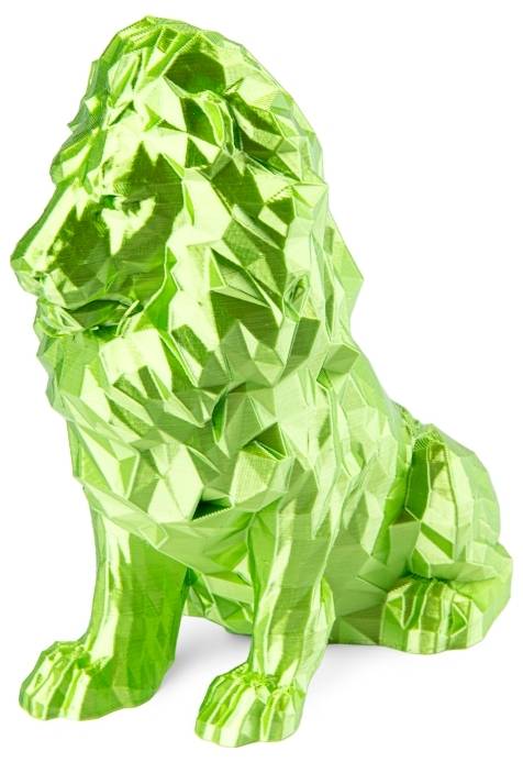 Grüne Löwenskulptur in facettierter, geometrischer Form, sitzt majestätisch.