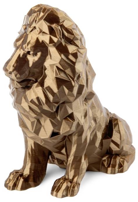 Löwenstatue mit kantiger, geometrischer Oberfläche in bronzefarbener Optik, sitzend dargestellt, symbolisiert Stärke und Macht.