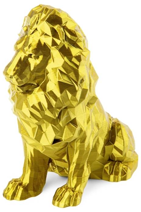 Goldene, facettierte Löwenstatue in sitzender Position, geometrisch stilisiert, glänzende Oberfläche.