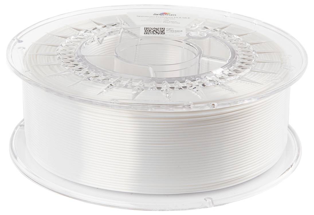 Eine Spule mit weißem Filament für 3D-Drucker, die klar in einem transparenten Kunststoffgehäuse gezeigt wird.