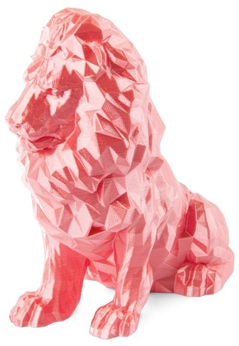 Löwenskulptur aus rosa geometrischen Formen, sitzend und nach rechts schauend.