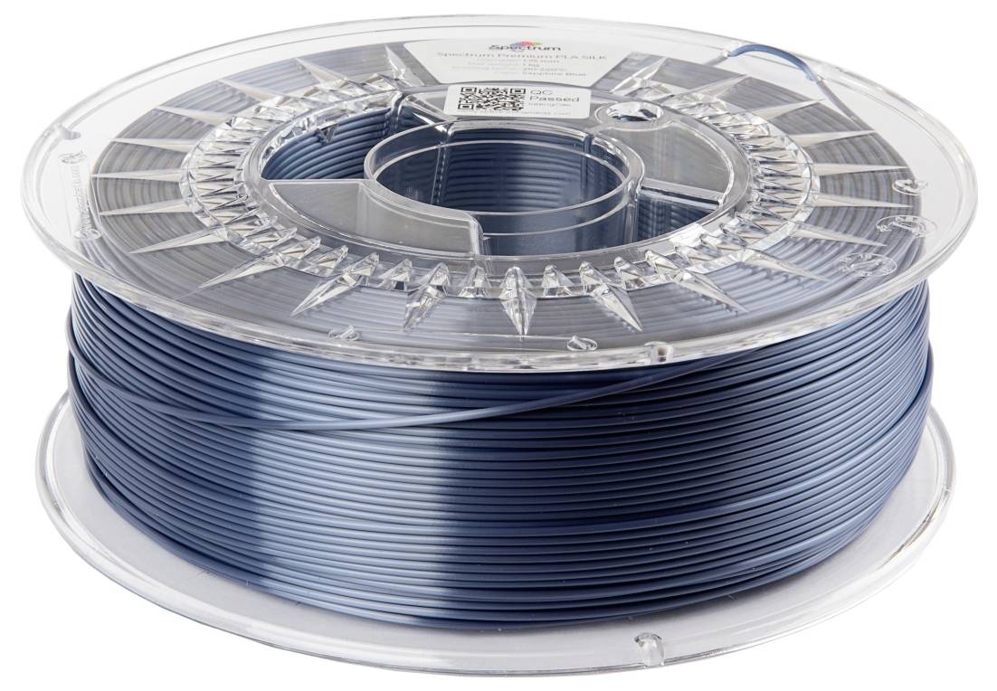 Eine Spule dunkelblaues 3D-Druck-Filament, aufgerollt, mit transparentem Kunststoffgehäuse.