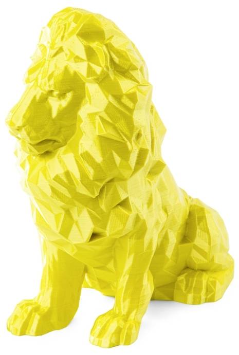 Gelbe, facettierte Löwenstatue, die sitzt, ohne zusätzliche Dekorationen.